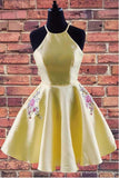 Halter Embroidered Yellow Satin Homecoming Dress with Pockets  HD0059
