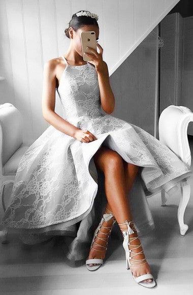 Halter Hi-Lo Floor-Length Sleeveless Grey Satin Prom Dress With Lace TP0082 - Tirdress