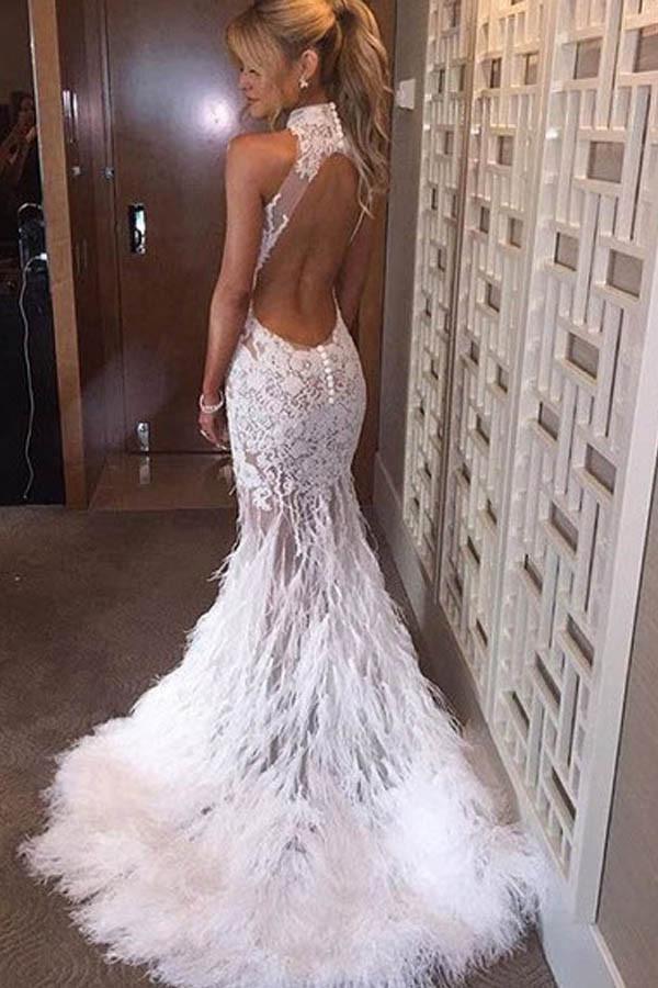Halter Neck Feather Mermaid Appliques Prom Dress With Court Train PG358 - Tirdress