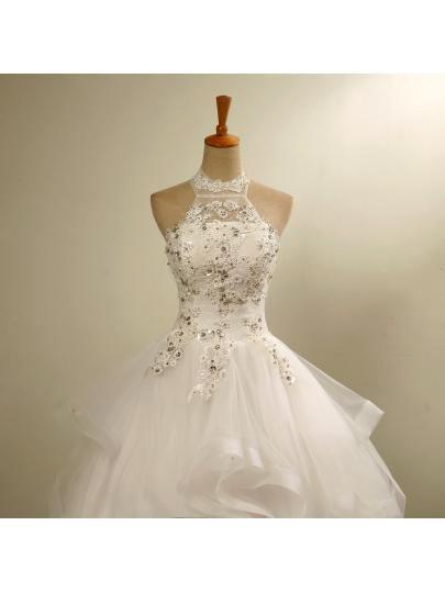 Halter Neck Lace-Up Ball Gown Floor-Length Beaded Lace Wedding Dress WD171 - Tirdress