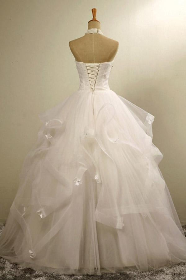 Halter Neck Lace-Up Ball Gown Floor-Length Beaded Lace Wedding Dress WD171 - Tirdress