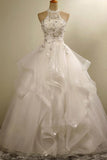 Halter Neck Lace-Up Ball Gown Floor-Length Beaded Lace Wedding Dress  WD171