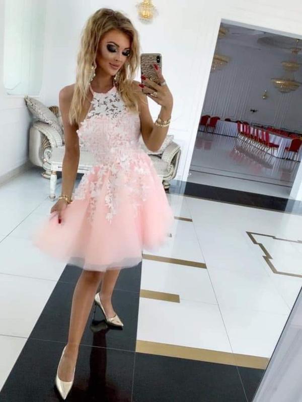 Halter Neckline Homecoming Dresses Short Prom Dresses With Appliques US2 / Blush Pink Halter Neckline Homecoming Dresses Short Prom Dresses With Appliques US2 / Blush Pink