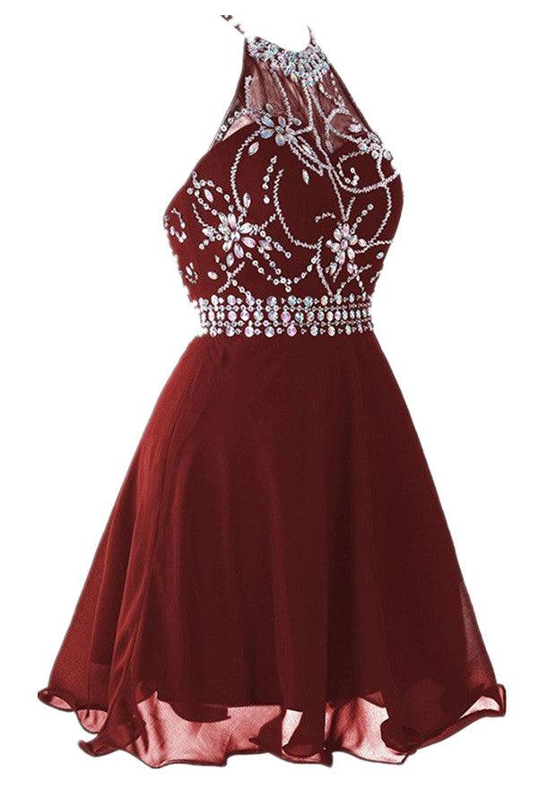 Short Backless Chiffon Burgundy Homecoming Party Dress With Beading US0 / As Picture Short Backless Chiffon Burgundy Homecoming Party Dress With Beading US0 / As Picture