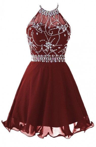 Short Backless Chiffon Burgundy Homecoming Party Dress With Beading US0 / As Picture Short Backless Chiffon Burgundy Homecoming Party Dress With Beading US0 / As Picture