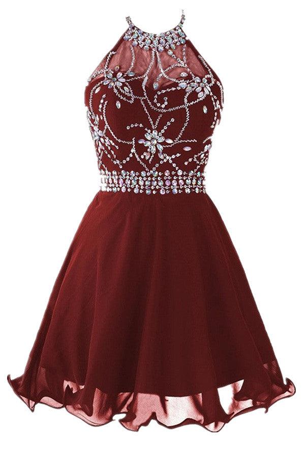 Short Backless Chiffon Burgundy Homecoming Party Dress With Beading US0 / As Picture Short Backless Chiffon Burgundy Homecoming Party Dress With Beading US0 / As Picture