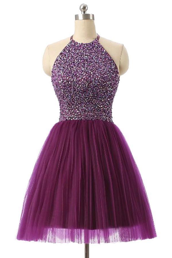 Halter Sleeveless Short Purple Homecoming Dresses Prom Dresses PG014 - Tirdress
