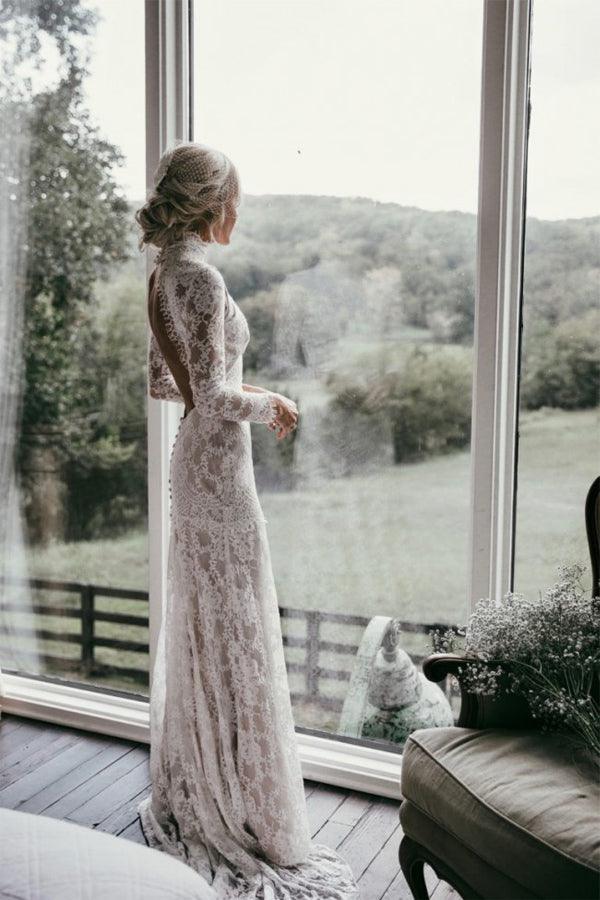 Lace Wedding Dress Long Sleeve Open Back Gown High Neck Boho Long