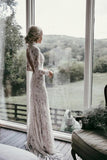 High Neck Boho Long Sleeves Lace Wedding Dresses With Open back TN307