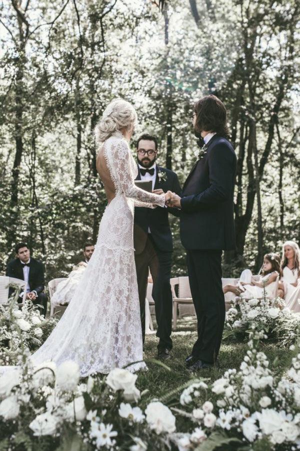 High Neck Boho Long Sleeves Lace Wedding Dress with Open Back TN307 US14 / As Picture High Neck Boho Long Sleeves Lace Wedding Dress with Open Back TN307 US14 / As Picture