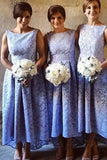 High Low Bateau Sleeveless Light Sky Blue Lace Bridesmaid Dress BD046 - Tirdress