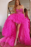High Low Beaded Hot Pink Tulle Long Prom Dress Party Dress TP1111 - Tirdress