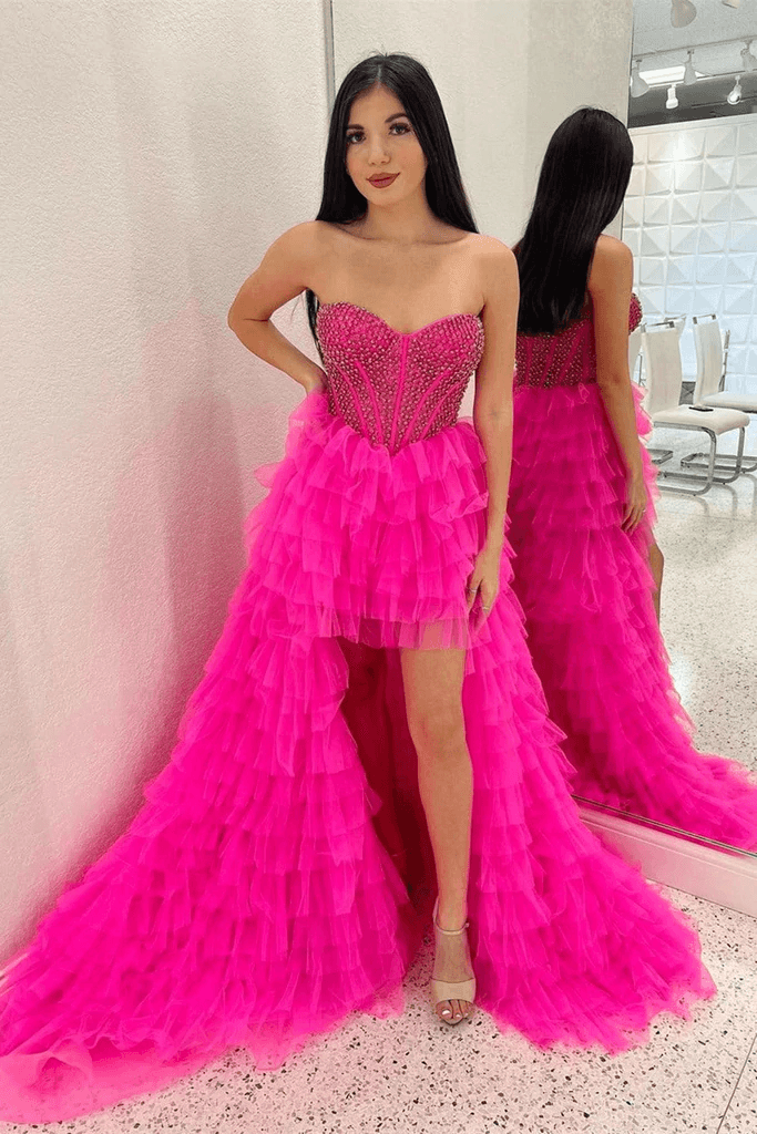 Strapless High Low Beaded Hot Pink Tulle Prom Dress, Pink Dress TP1111 US16 / Custom Color Strapless High Low Beaded Hot Pink Tulle Prom Dress, Pink Dress TP1111 US16 / Custom Color
