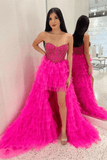 High Low Beaded Hot Pink Tulle Long Prom Dress Party Dress TP1111