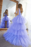 High Low V Neck Purple Tulle Long Prom Dress with Belt Evening Dress TP1114 - Tirdress