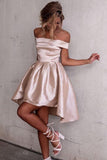High Low Off-the-Shoulder Pleated Satin Homecoming Dress  PG182