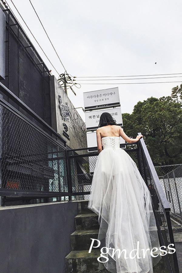 High Low Sweet Heart Tulle Beading Wedding Dresses With Court Train WD085 - Tirdress