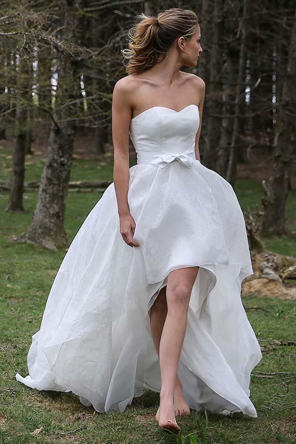 short at front long at back wedding dress High Low Sweetheart Sleeveless Organza Applique Wedding Dress US0 / Custom Color