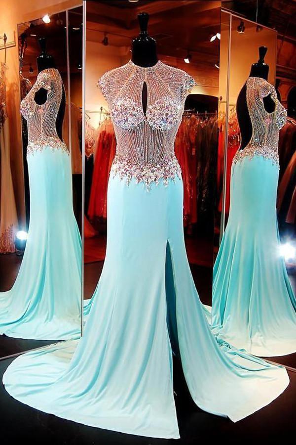 High Neck Baby Blue Open Back Sweep Train Prom Dresses PG277 - Tirdress