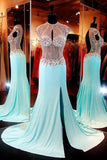 High Neck Baby Blue Open Back Sweep Train Prom Dresses PG277