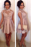 High Neck Cocktail Dresses Lace Appliques Pink Short Homecoming Dress TR0191