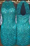 Robe de retour Turquoise sans manches à col haut et dos ouvert avec perles TR0074