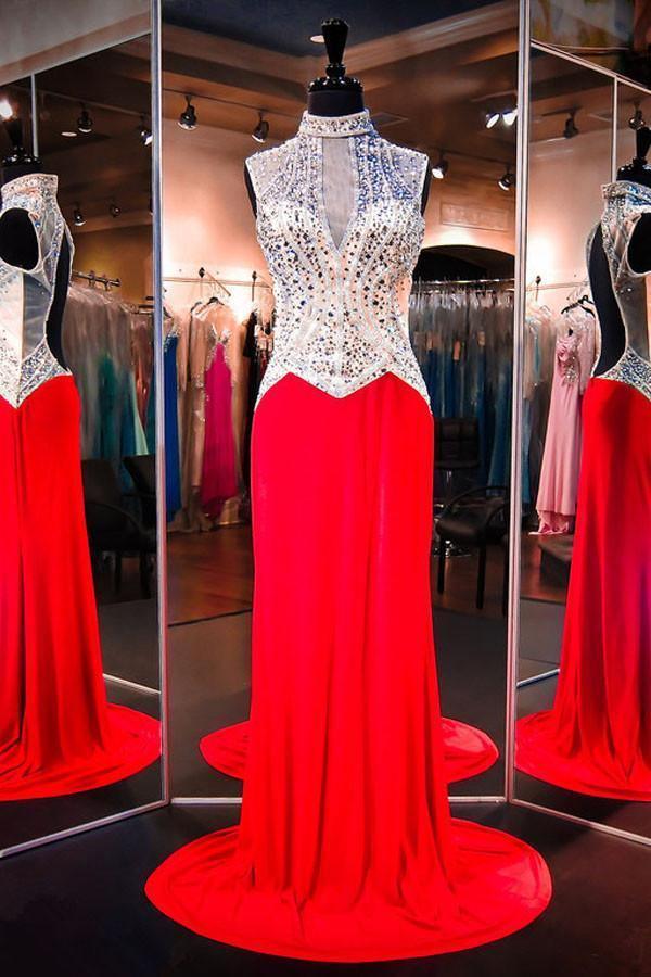 High Neck Sleeveless Red Evening Dresses Prom Dresses With Beading PG332 - Tirdress