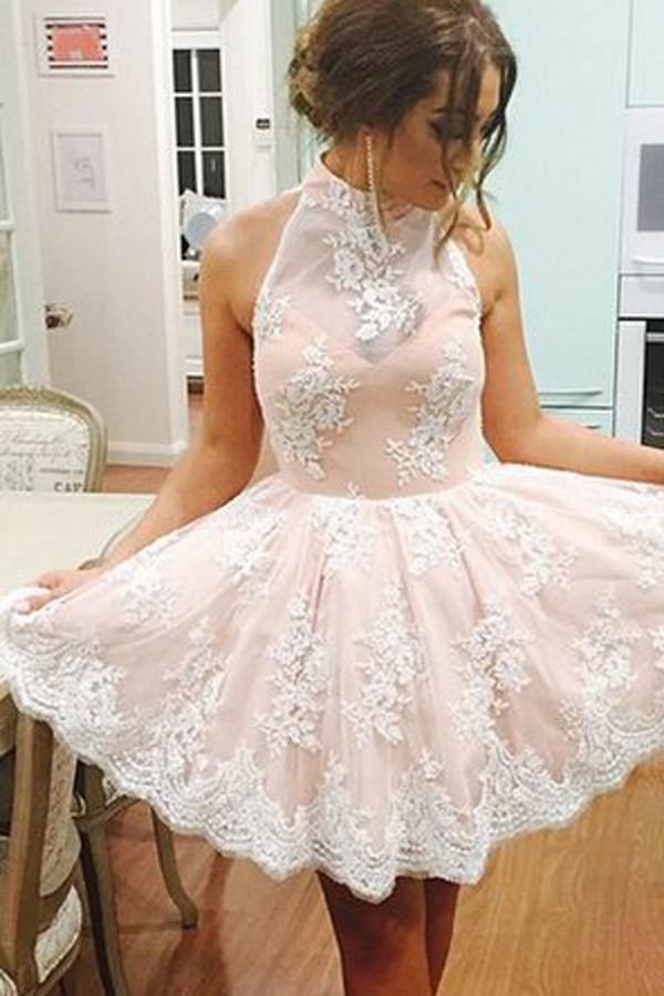 High Neck Sleeveless Short Illusion Back Homecoming Dress With Lace TR0075 - Tirdress