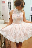 High Neck Sleeveless Short Illusion Back Homecoming Dress With Lace TR0075