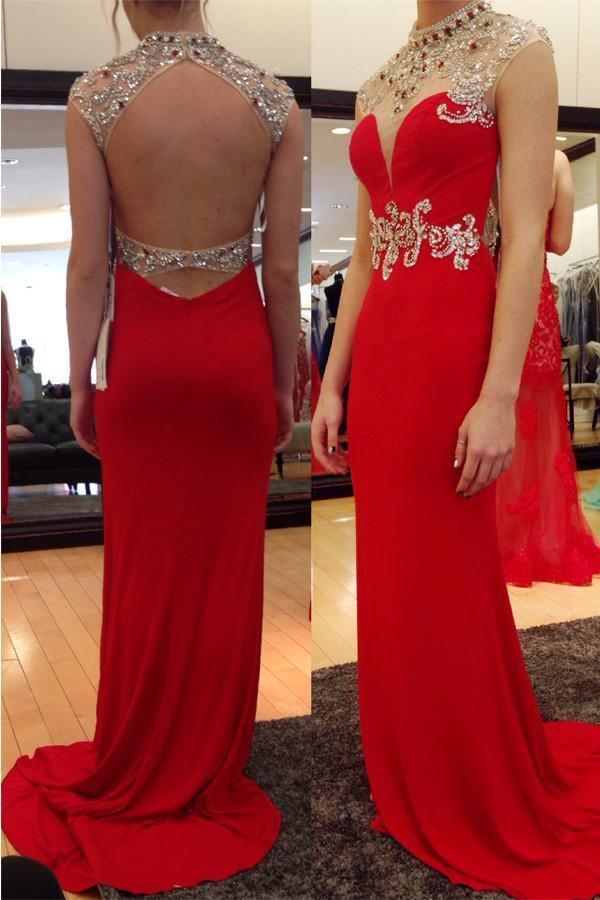 High Neck Sweep Train Chiffon Red Prom Dress Evening Gowns With Beading PG309 - Tirdress
