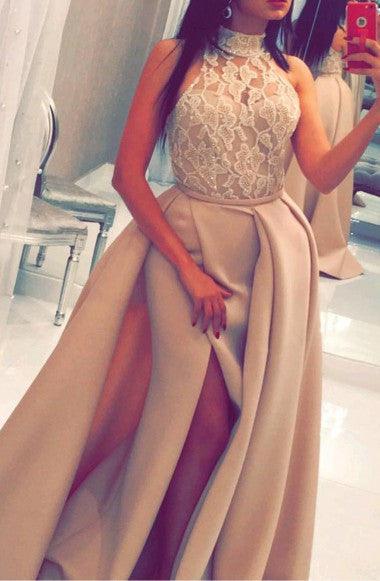 High Neck Sweep Train Split-Side Satin Prom Dress With Appliques Beading TP0074 - Tirdress