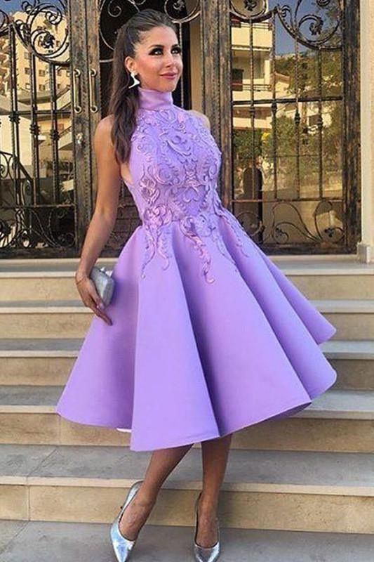 High Neck Tea Length Purple Satin Homecoming Dress With Appliques Tirdress