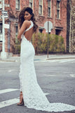 High Neckline Lace Backless Mermaid Wedding Dresses With Court Train WD123 - Tirdress