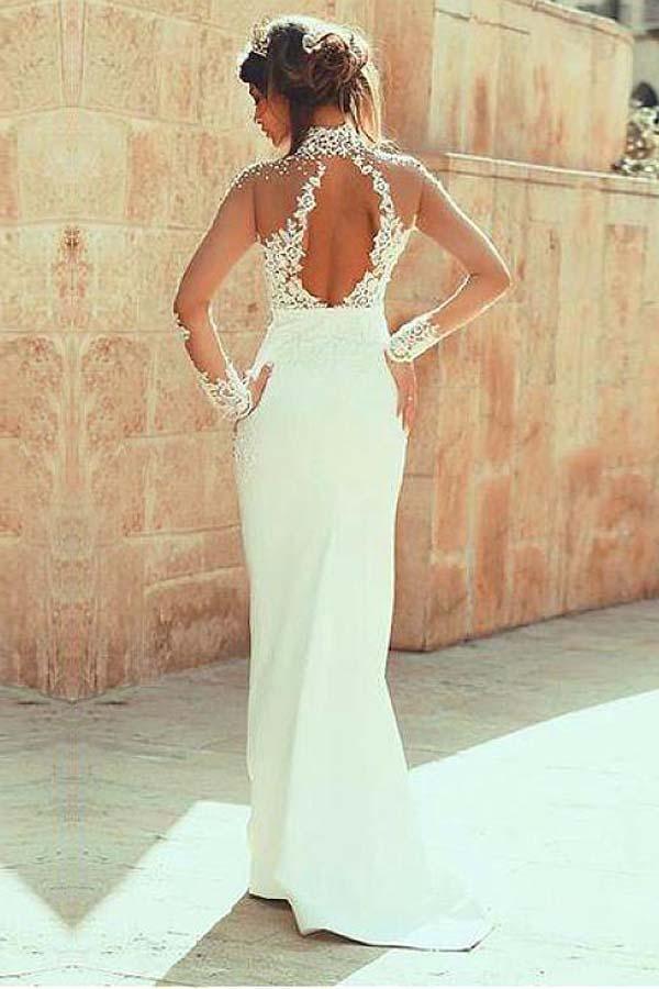 High Neckline Sheath Wedding Dresses With Beaded Lace Appliques WD191 - Tirdress