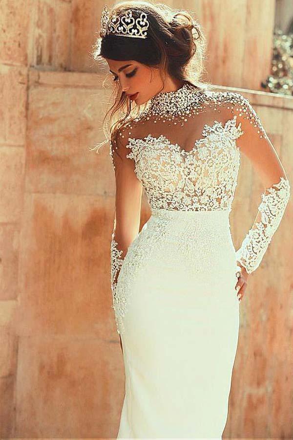 High Neckline Sheath Wedding Dresses With Beaded Lace Appliques WD191 - Tirdress