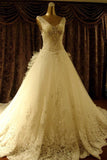 Hochwertige bodenlange Brautkleider mit V-Ausschnitt und Perlenstickerei, Kapellenschleppe TN0024