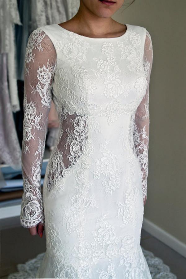 High Quality Scoop Open Back Mermaid Wedding Dress with Long Sleeves WD003 - Tirdress
