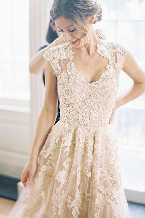 High Quality V-neck Sleeveless Floor-Length Wedding Dress with Lace WD015 - Tirdress