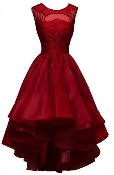 High-low Burgundy Organza Homecoming Dress Beading TR0095 - Tirdress