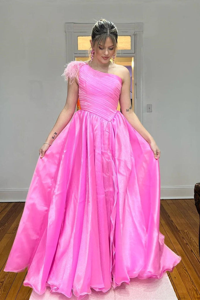 Hot Pink A-line One Shoulder Pleated Long Prom Dress with Feathers TP1214 - Tirdress