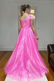 Hot Pink A-line One Shoulder Pleated Long Prom Dress with Feathers TP1214 - Tirdress