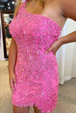 Hot Pink Appliques One-Shoulder Short Prom Dress Homecoming Dress HD0146 - Tirdress