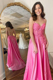 Pinkes A-Linien-Abendkleid mit Blumenapplikationen und Schnürung TP1189