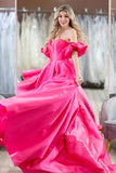 Hot Pink Puff Sleeves Off The Shoulder Simple Prom Formal Dresses TP1201
