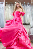 Hot Pink Puff Sleeves Off The Shoulder Simple Prom Formal Dresses TP1201 - Tirdress