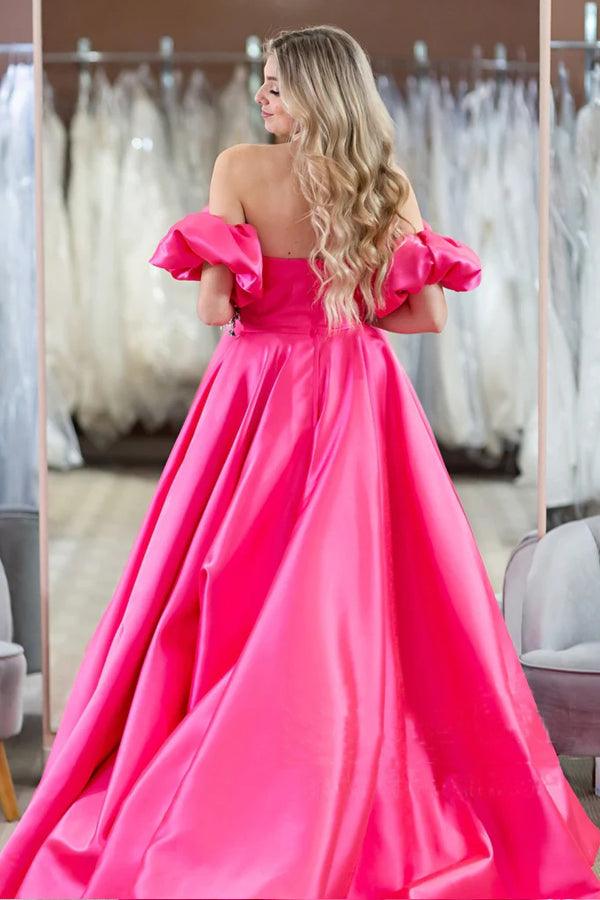 Hot Pink Puff Sleeves Off The Shoulder Simple Prom Formal Dresses TP1201 - Tirdress