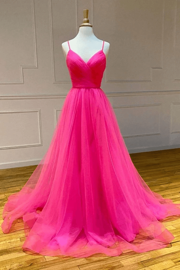 Hot Pink A Line Tulle Prom Dresses Long Formal Dress Dance Dresses US2 / Custom Color Hot Pink A Line Tulle Prom Dresses Long Formal Dress Dance Dresses US2 / Custom Color