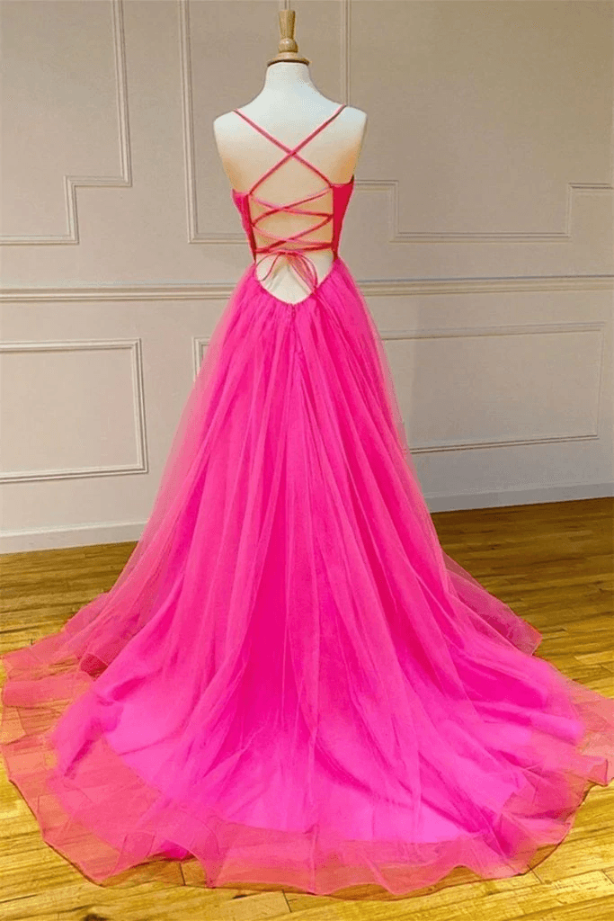 Hot Pink A Line Tulle Prom Dresses Long Formal Dress Dance Dresses US2 / Custom Color Hot Pink A Line Tulle Prom Dresses Long Formal Dress Dance Dresses US2 / Custom Color