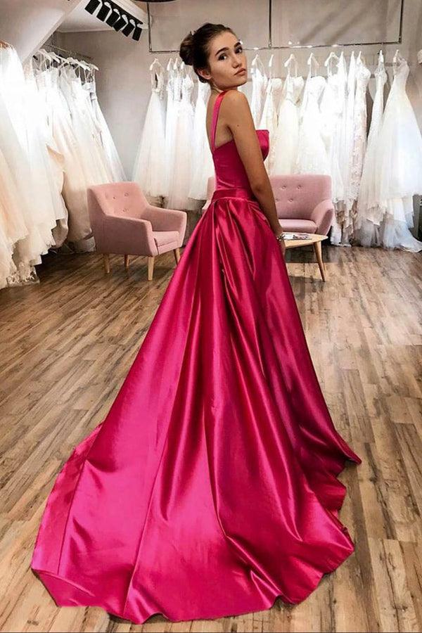 Hot Pink Satin Long Prom Dress A-line Straps Evening Dress TP1073 - Tirdress