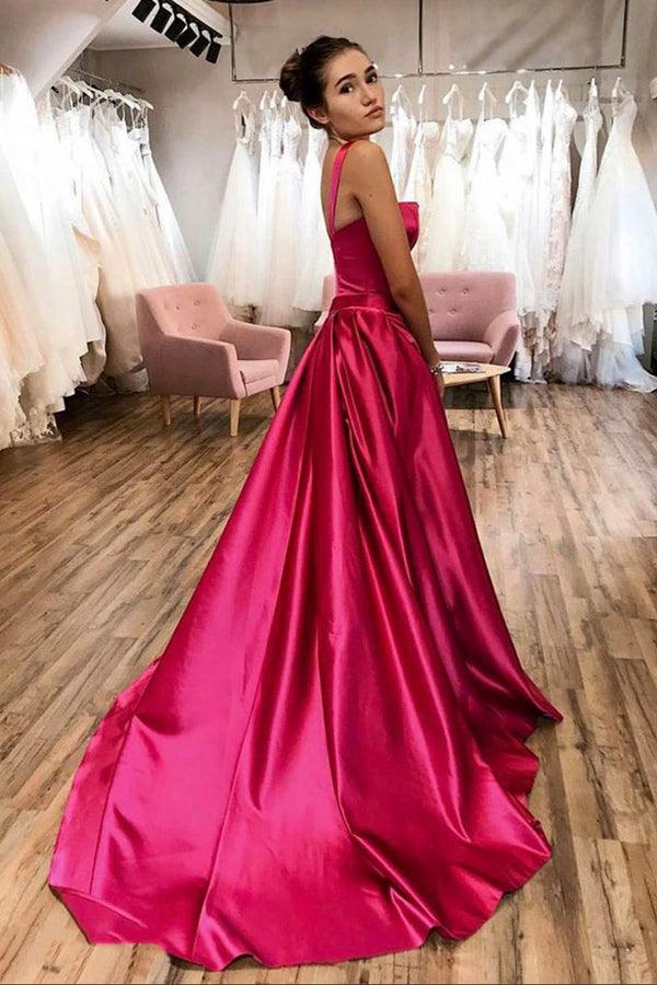 Hot Pink Satin Long Prom Dress A line Straps Evening Dress TP1073